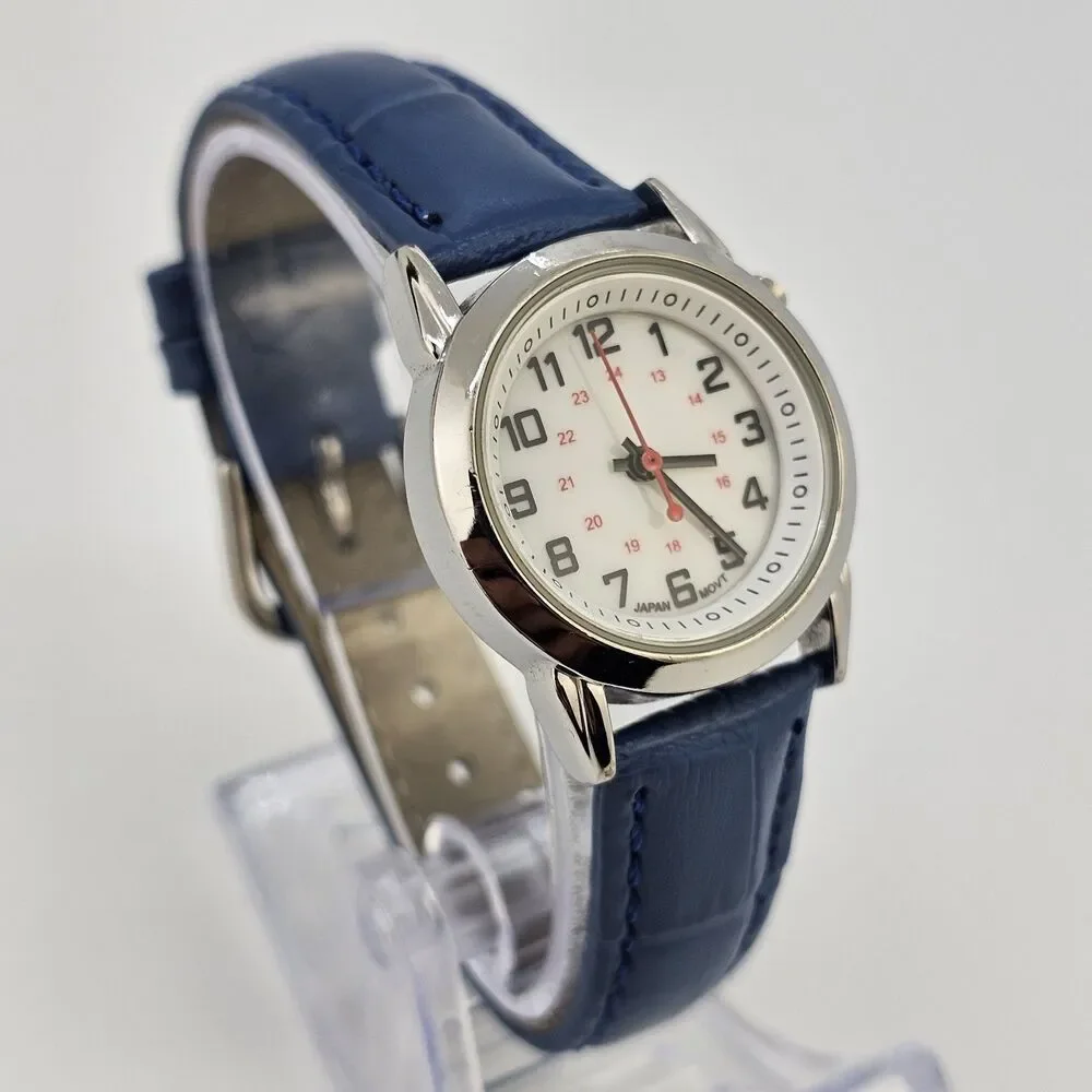 28MM Women Watch White Dial New‎ Blue Leather Bands New Battery READ DESCRIPTION